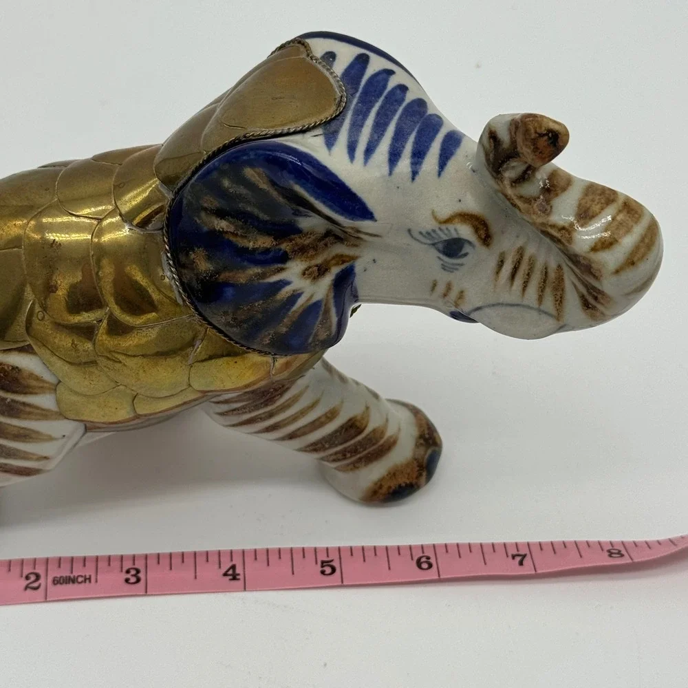 Vtg Tonala Mexico Brass Armored Elephant Figurine Ceramic Mixed Media Folk Art